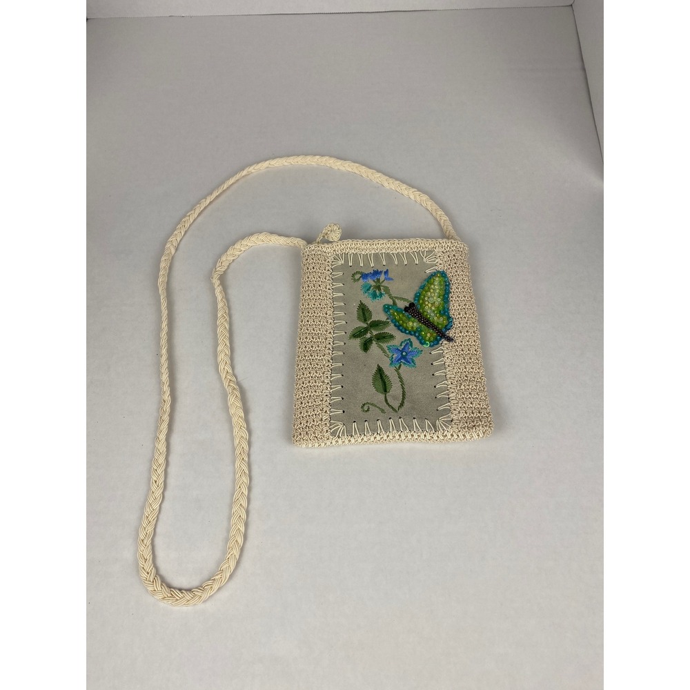 Cream Crochet‎ Butterfly Embroidered Crossbody Bag Floral Sequin Shoulder Purse
